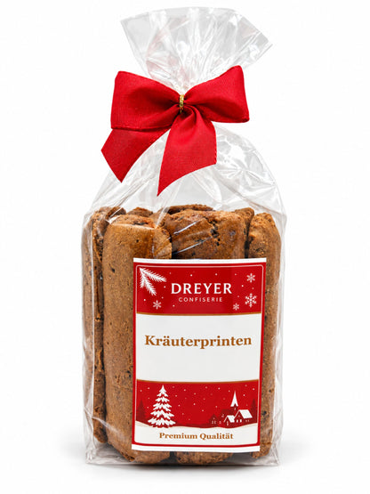 Kräuterprinten 200g von Dreyer Confiserie in weihnachtlicher Verpackung

