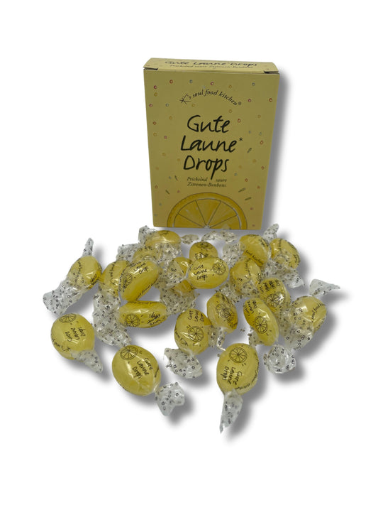 Gute Laune Drops – Zitronen Bonbons mit Brausepulver-Füllung von K's Soul Food Kitchen, 100 g prickelnd saurer Bonbon-Genuss, erhältlich bei der Confiserie Dreyer in der Rattenfängerstadt Hameln.

