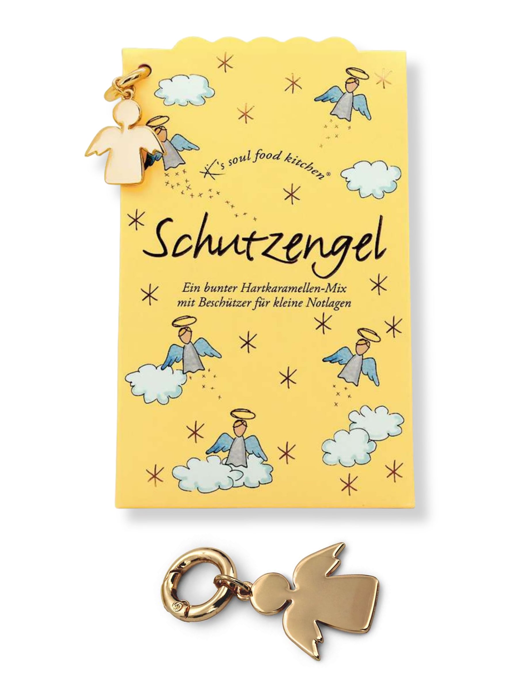 Bunte Schutzengel-Bonbons von K’s Soul Food Kitchen® in Geschenkverpackung – liebevoll zusammengestellter Hartkaramellen-Mix mit Mutmacher-Message, erhältlich bei der Confiserie Dreyer in der Rattenfängerstadt Hameln.