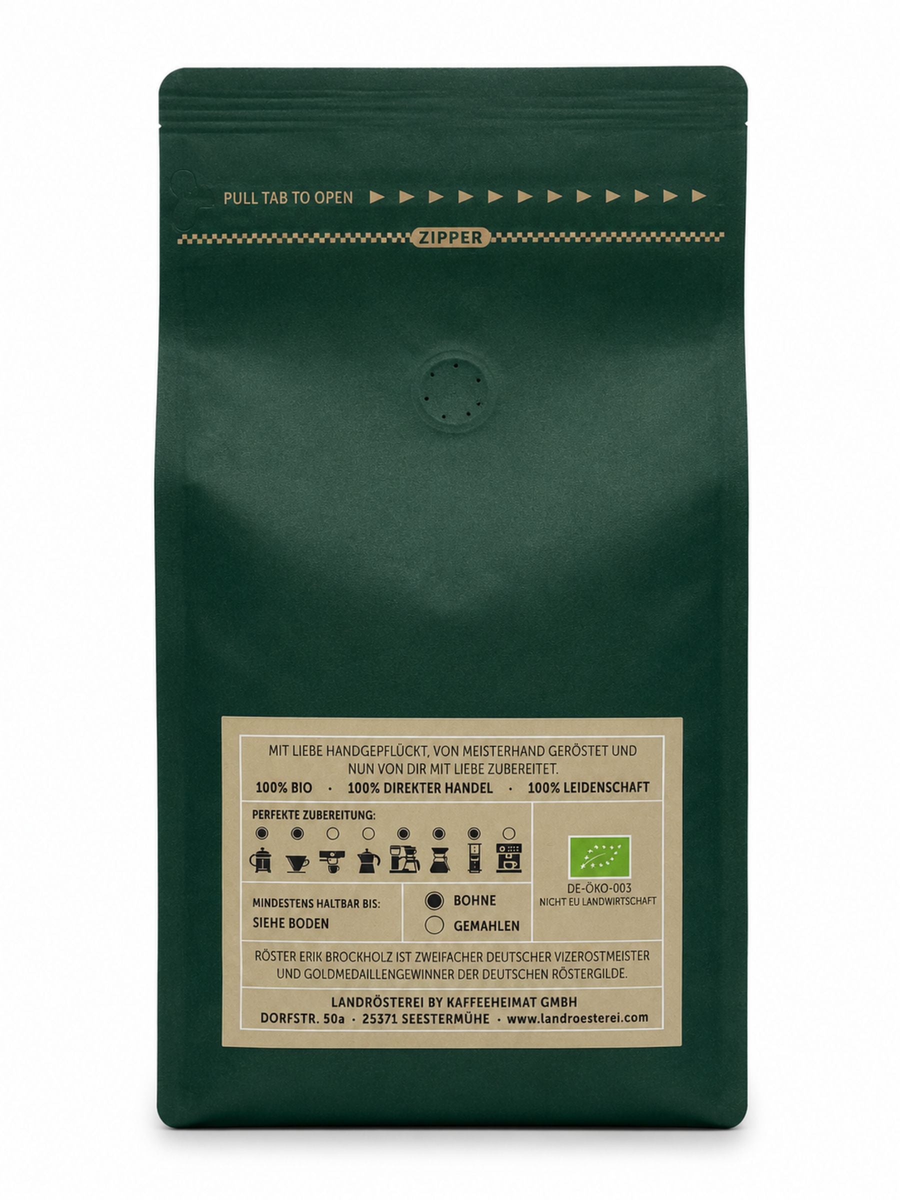 Rückseite von Kaffeeklatsch Kaffee Bohne 500g von Die Landrösterei Seestermühe