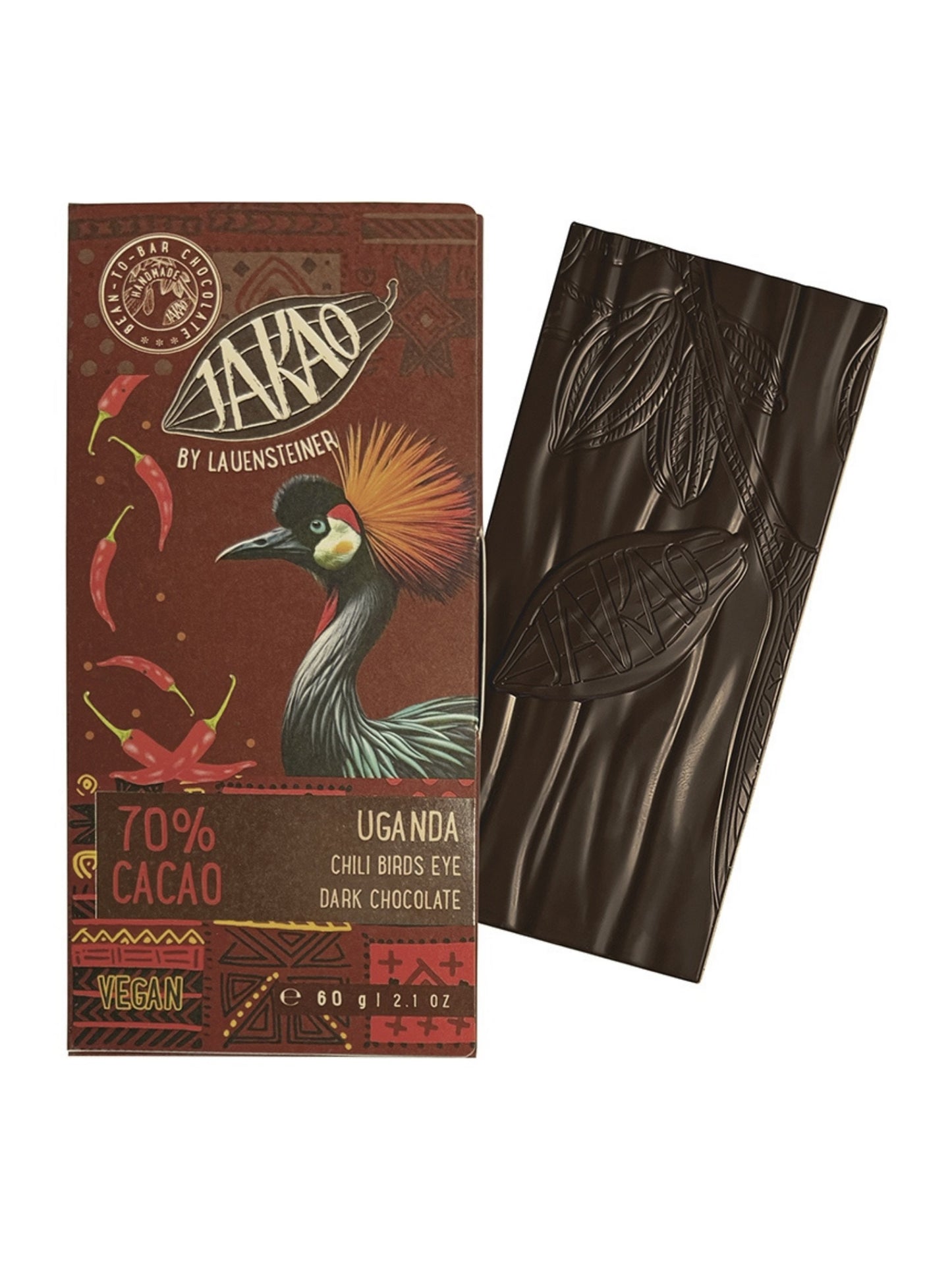 Lauenstein JAKAO Uganda 70% mit Birds Eye Chili Bio 60g vegane Ursprungsschokolade mit feiner Schärfe, erhältlich in der Dreyer Confiserie in Hameln.