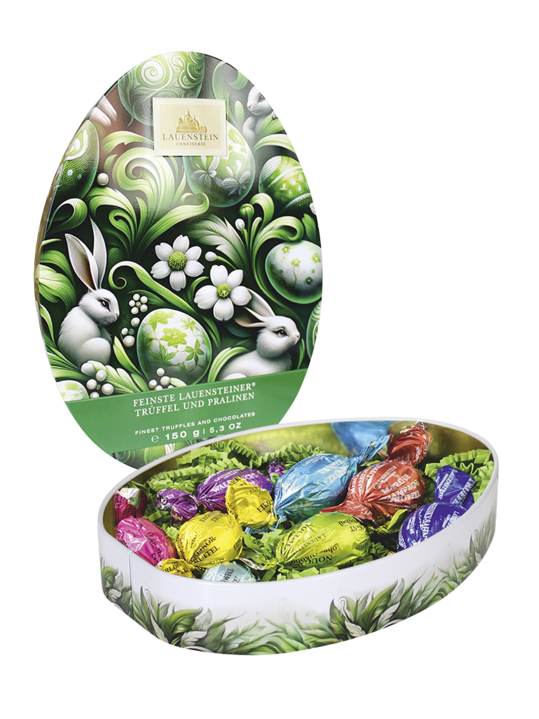 Osterei Dose Gourmet Eier bunt gewickelt mit Alkohol 150g von der Lauenstein Confiserie, zehnfach sortierte Trüffel und Pralineneier mit Alkohol in dekorativer Metalldose, erhältlich bei der Dreyer Confiserie in Hameln.