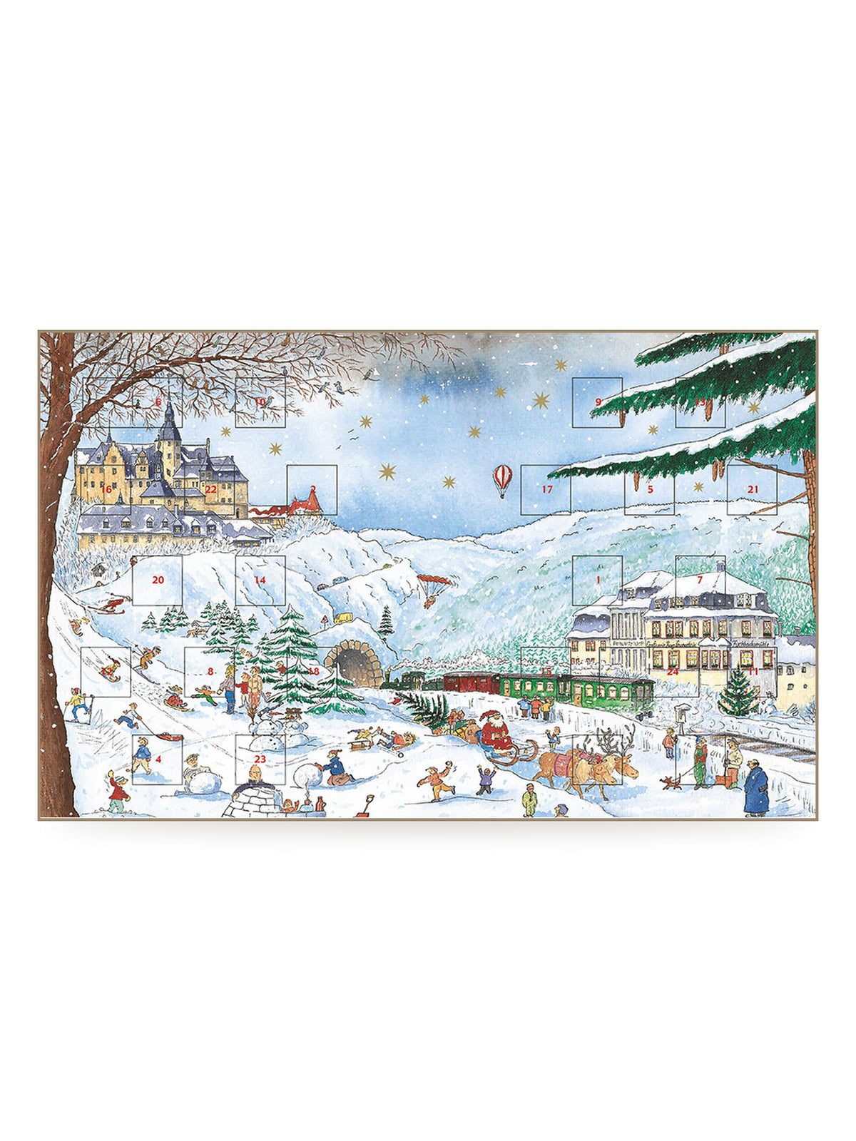Innenansicht des Lauensteiner Adventskalenders Buch Zartbitter 340g mit 24 Türchen, verschneitem Schloss, winterlichem Dorf, Rentierschlitten und spielenden Kindern