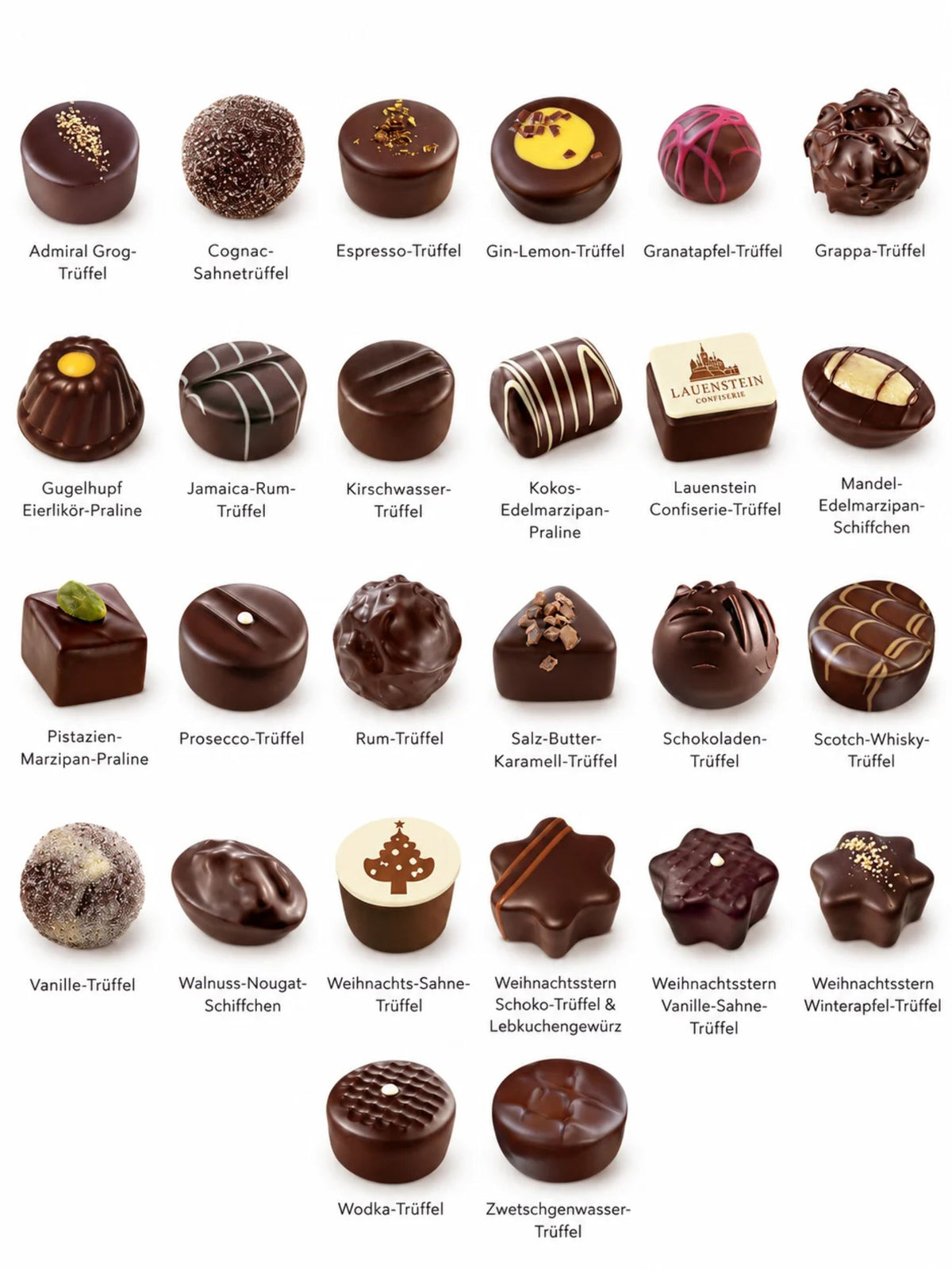 Übersicht der 26 Zartbitterpralinen und Trüffelsorten im Lauensteiner Adventskalender Buch 340g von Confiserie Lauenstein, darunter Marzipan, Nougat und alkoholhaltige Trüffel