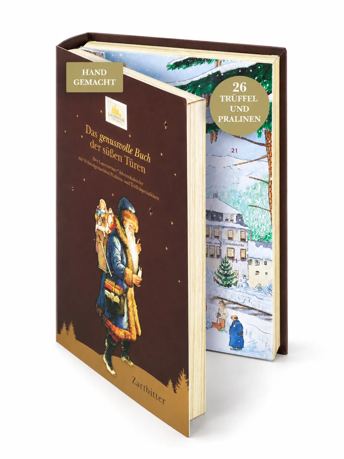 Lauensteiner Adventskalender Buch Zartbitter 340g von Confiserie Lauenstein mit braunem Bucheinband, nostalgischem Weihnachtsmann und 26 handgefertigten Pralinen