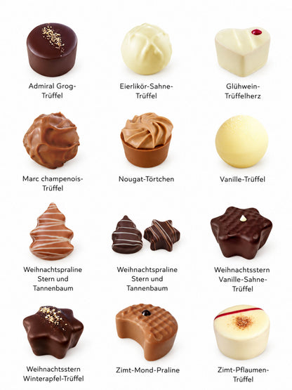 Übersicht der zwölf Pralinen- und Trüffelspezialitäten im Lauensteiner Adventskalender Weihnachtsbaum 300g, darunter Nougat, Vanille, Eierlikör, Glühwein und Zimt