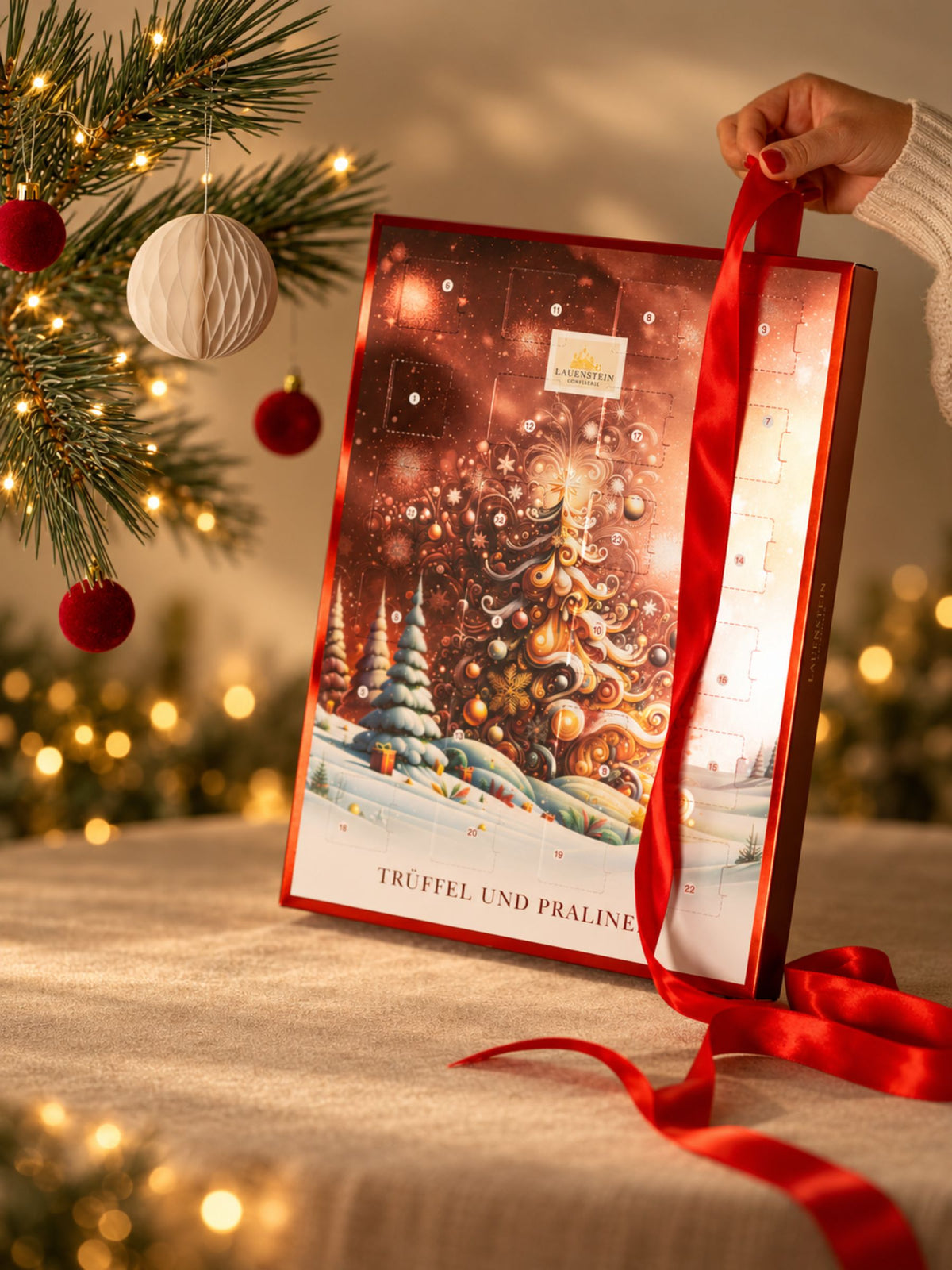 Lauensteiner Adventskalender Weihnachtsbaum 300g von Confiserie Lauenstein mit rotem Geschenkband, festlichem Weihnachtsbaummotiv und weihnachtlicher Dekoration