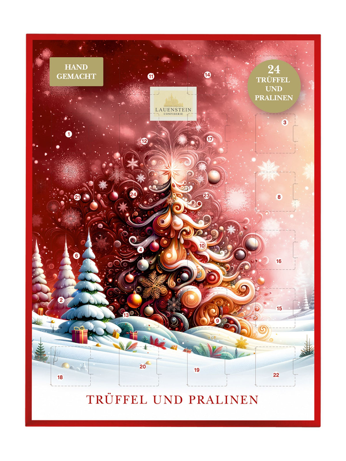 Lauensteiner Adventskalender Weihnachtsbaum 300g von Confiserie Lauenstein mit 24 Türchen, kunstvollem Weihnachtsbaum, verschneiter Winterlandschaft und rotem Rahmen