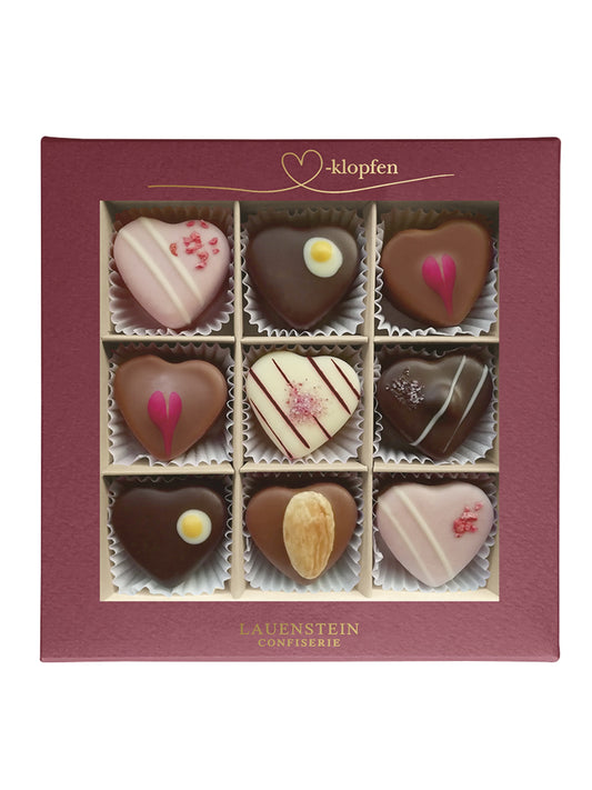 Lauensteiner Herzklopfen Präsent Trüffel und Pralinen 125g, 6-fach sortierte Pralinen- und Trüffelmischung mit Alkohol in hochwertiger Geschenkverpackung.