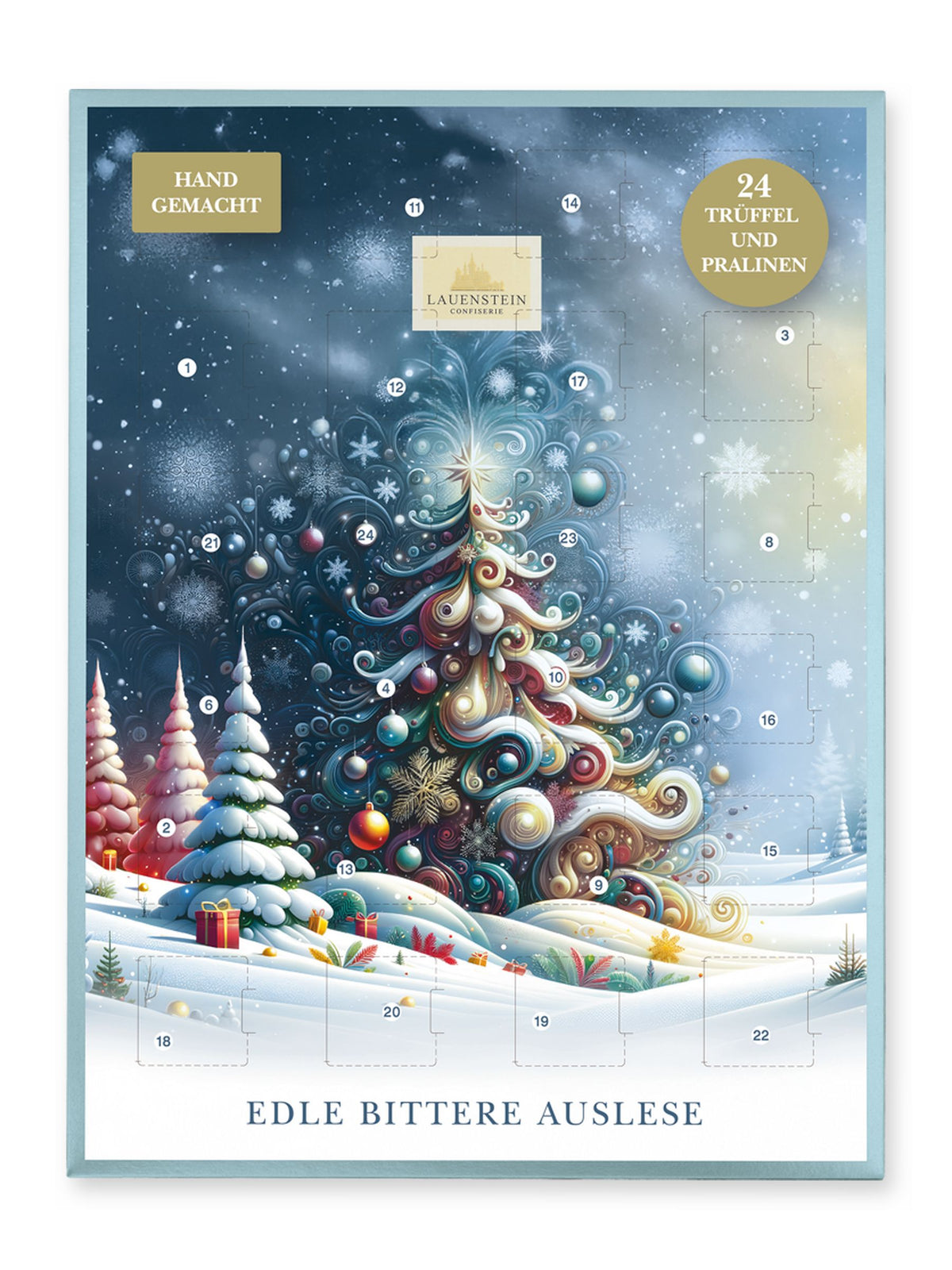 Lauensteiner Adventskalender Weihnachtsbaum Zartbitter 300g von Confiserie Lauenstein mit buntem Weihnachtsbaum, verschneiter Winterlandschaft und Schokoladenpralinen