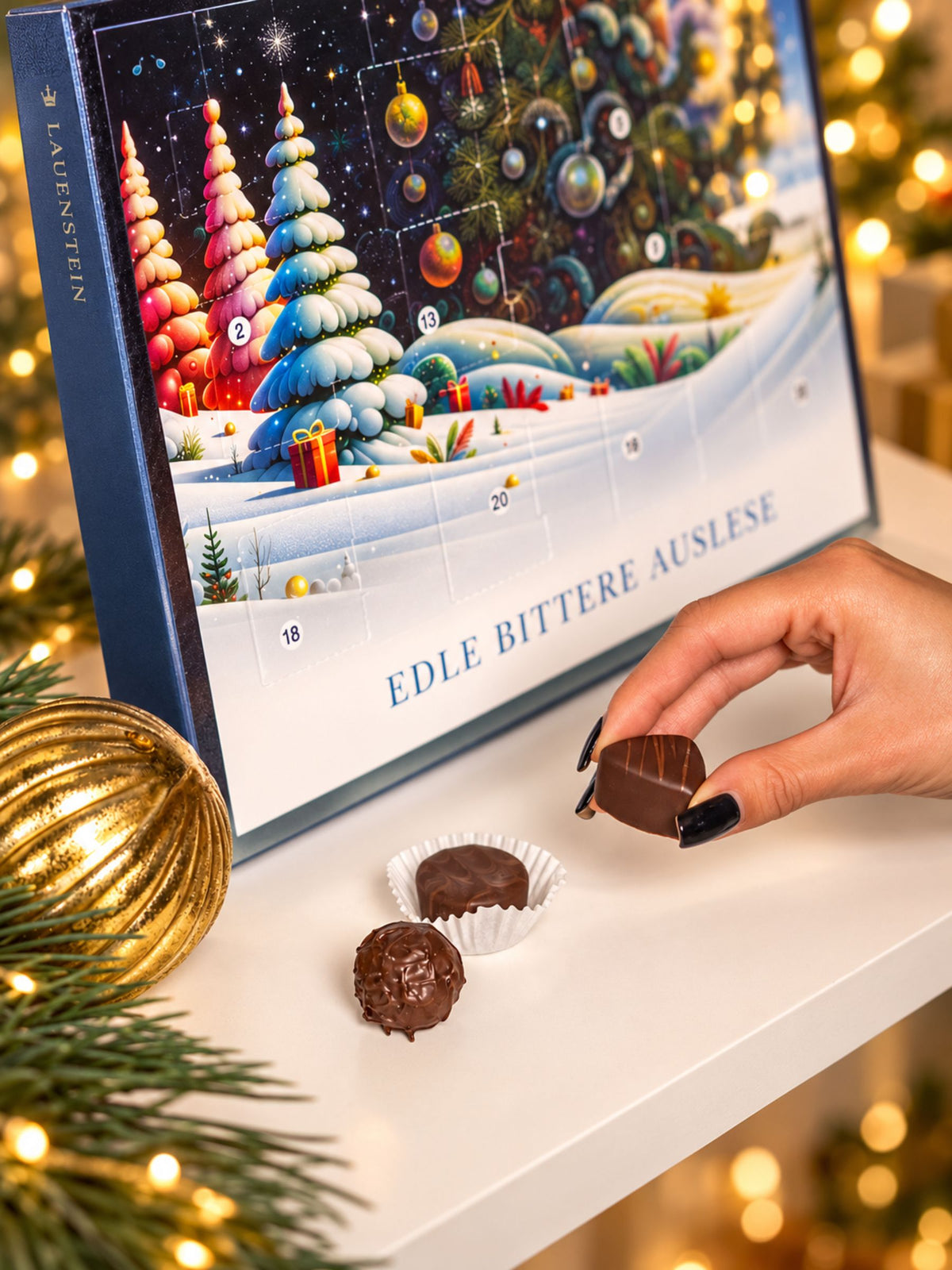 Lauensteiner Adventskalender Weihnachtsbaum Zartbitter 300g von Confiserie Lauenstein mit 24 Türchen, kunstvollem Weihnachtsbaum, verschneiter Landschaft und Schriftzug „Edle Bittere Auslese“