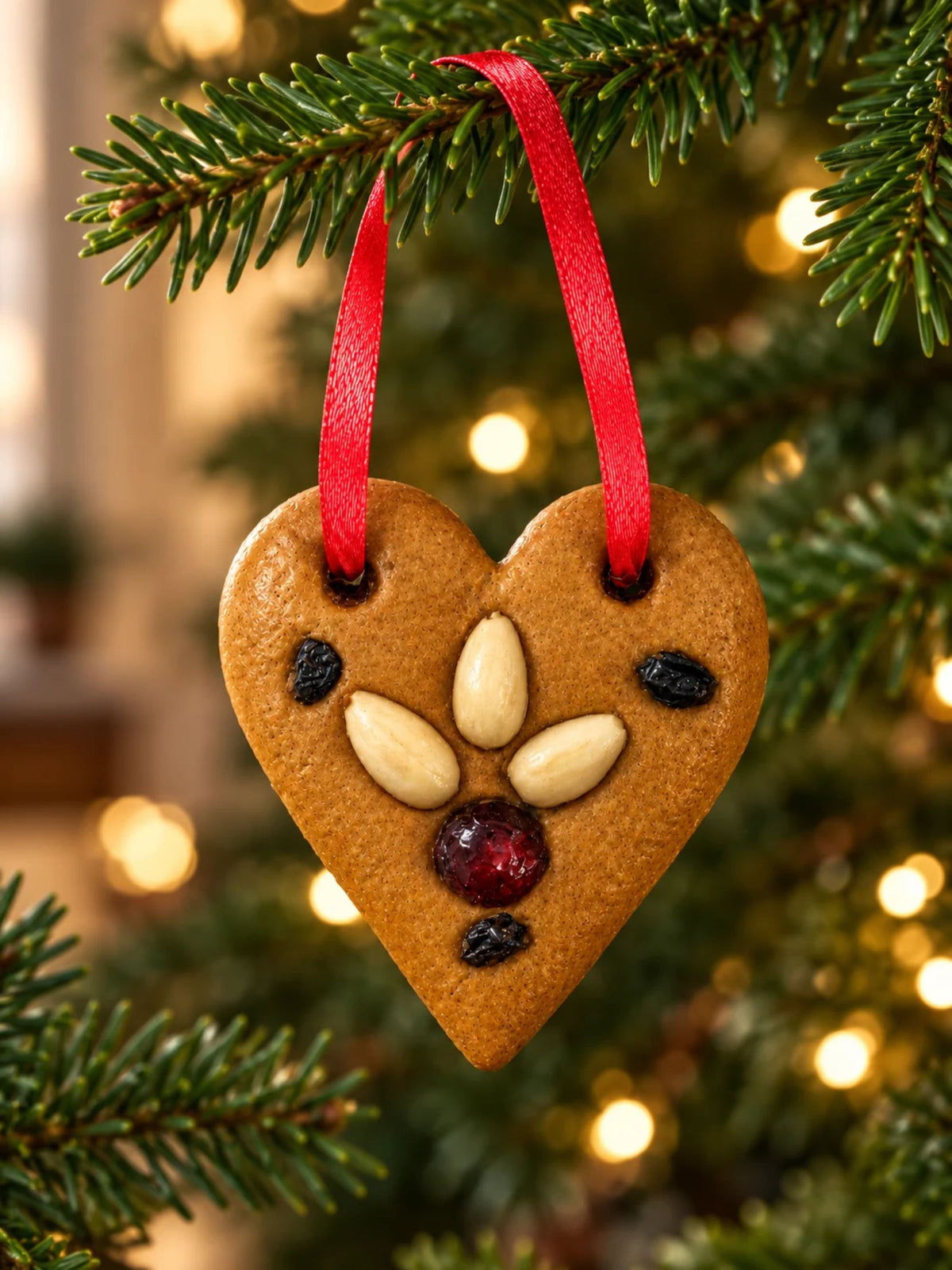 Lebkuchen Herz Baumschmuck 25g von Woletz mit Mandeln, Rosinen und rotem Satinband, dekorativ am beleuchteten Weihnachtsbaum aufgehängt