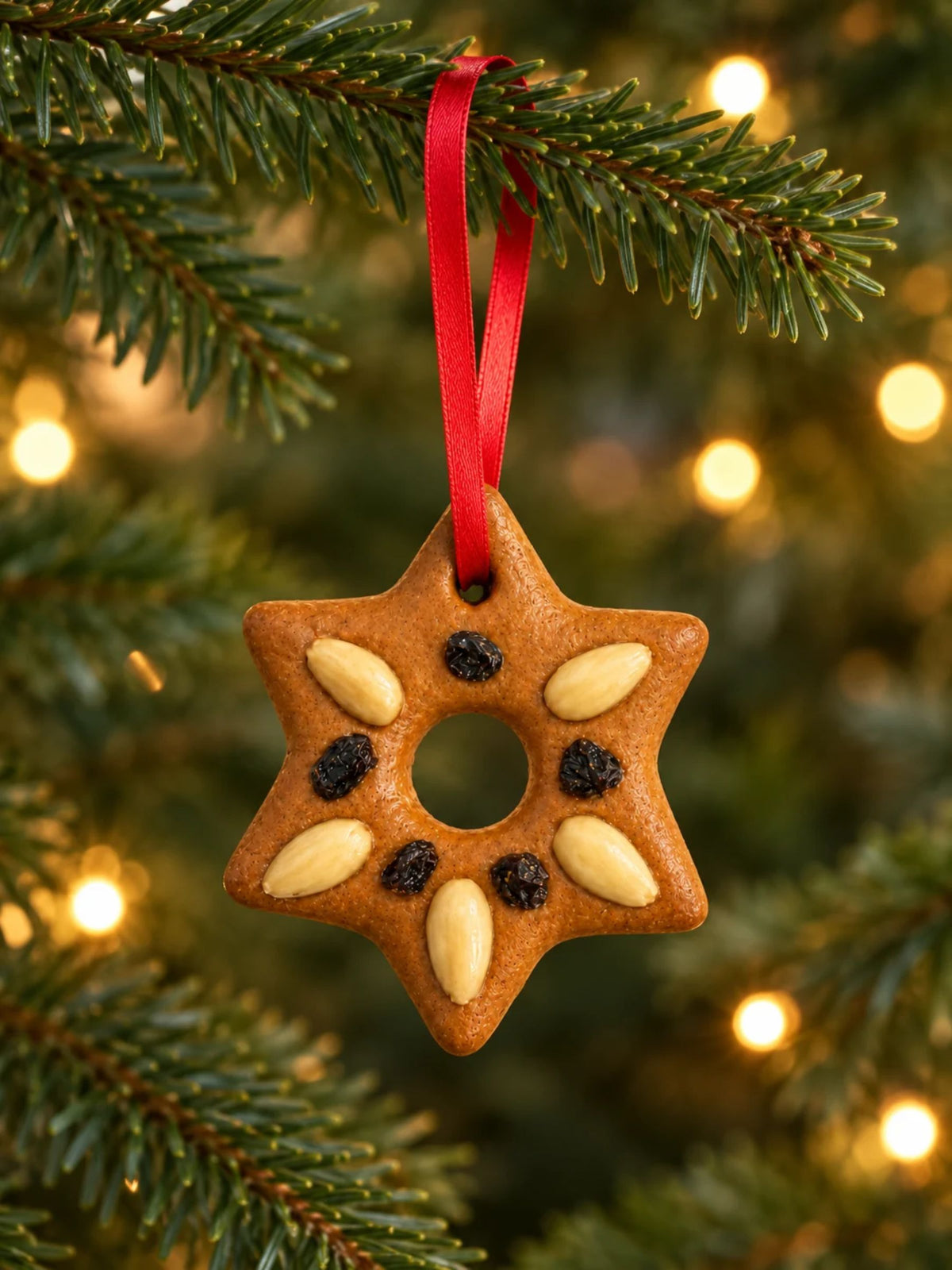Lebkuchenstern 25 g von Woletz mit Mandeln und Rosinen, dekorativ an einem Weihnachtsbaum mit rotem Band aufgehängt.