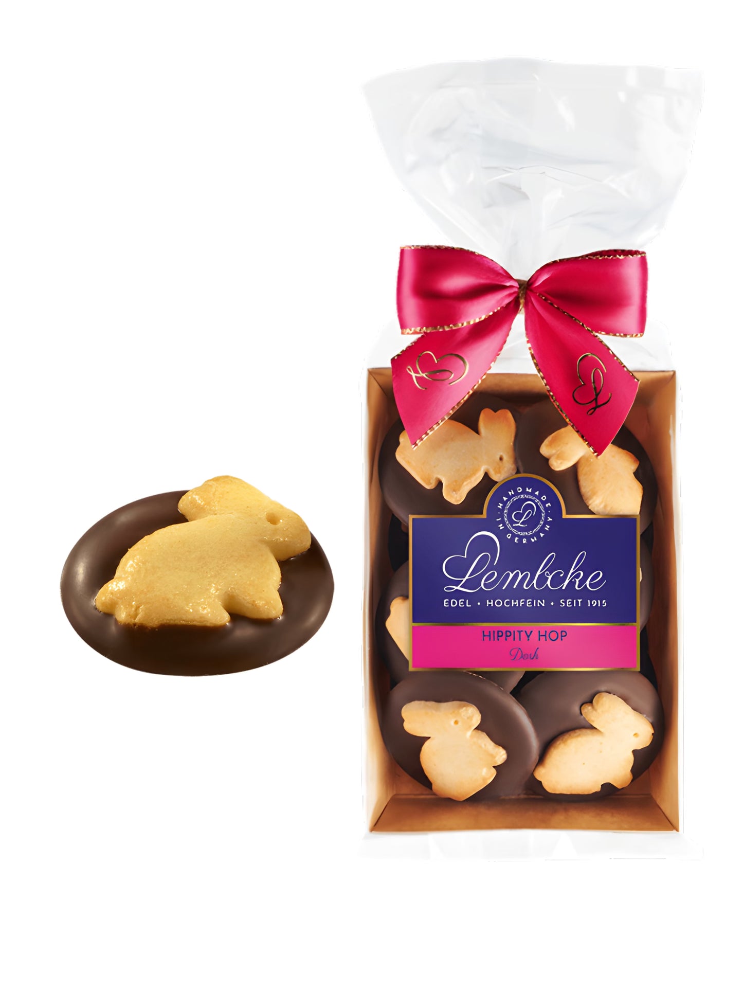 Lembcke Butter-Mürbegebäck-Häschen auf Zartbitter-Schokolade – Ostergebäck 100g erhältlich in der Dreyer Confiserie aus der Rattenfängerstadt Hameln. 