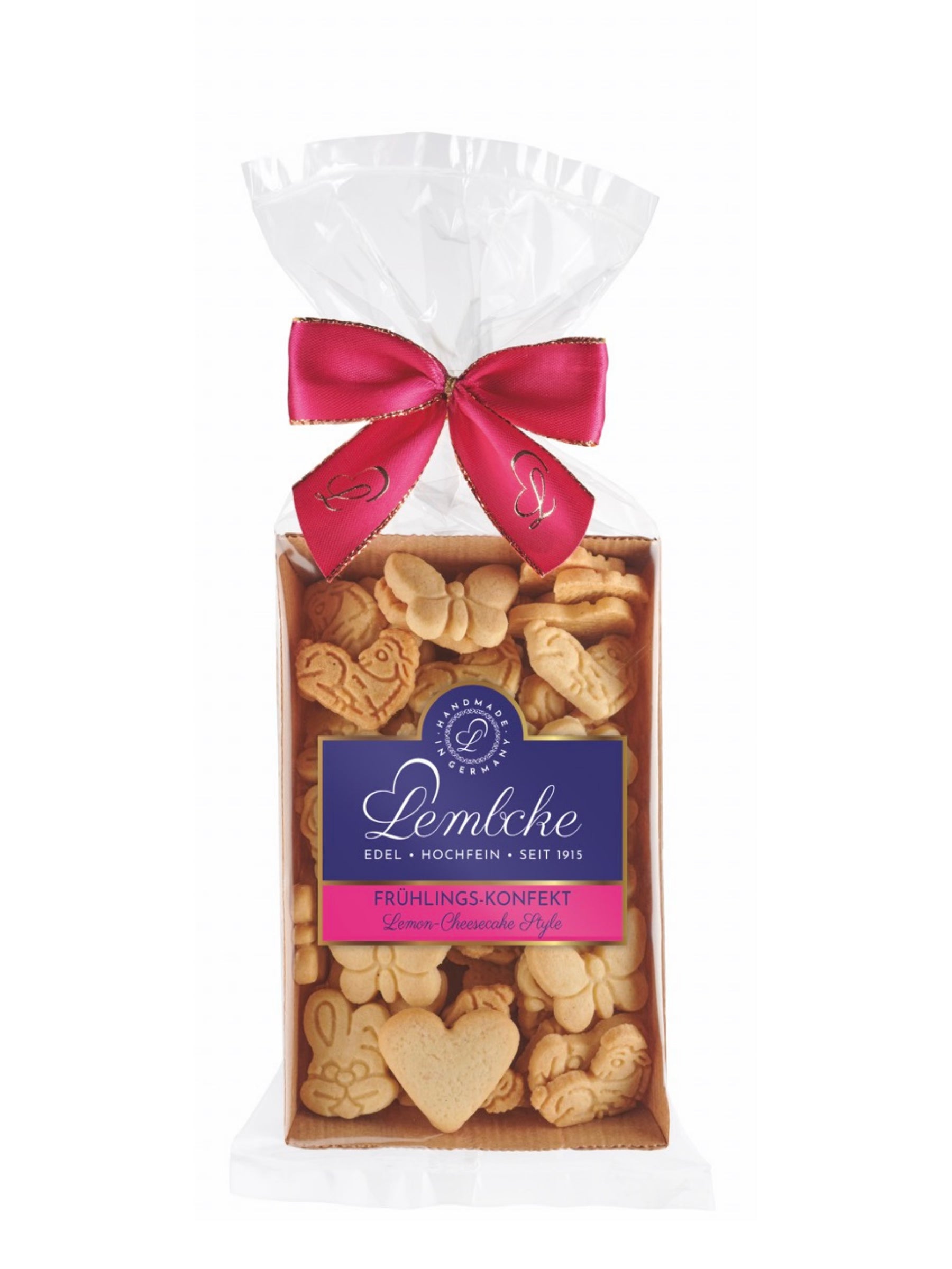 Frühlings-Konfekt Lemon Cheesecake Style – zartes Mini-Mürbegebäck mit frischer Zitronennote, erhältlich in der Dreyer Confiserie in der Rattenfängerstadt Hameln.