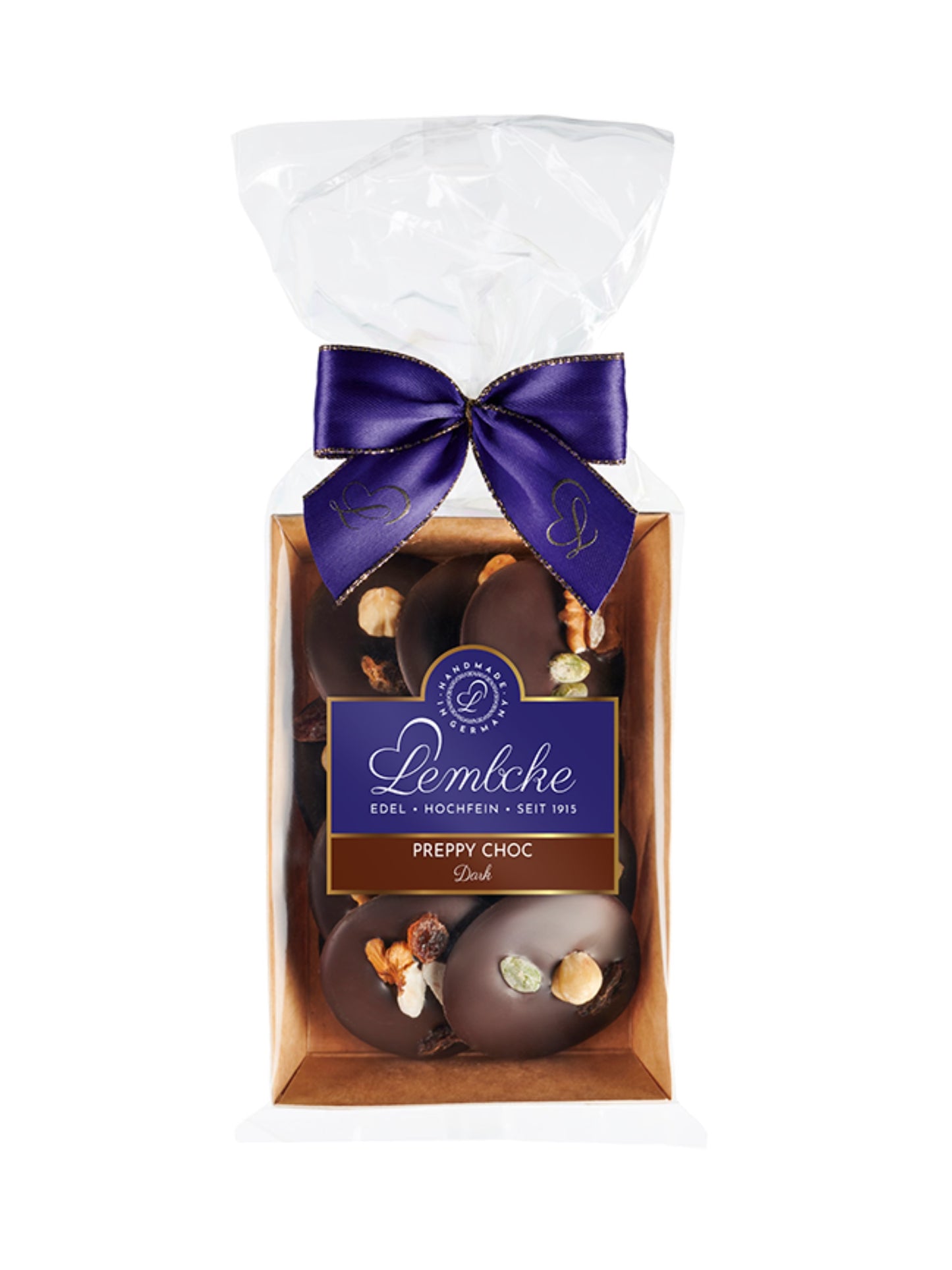 Lembcke Preppy Choc Dark bzw. Studentenflikken Zartbitter – Pralinen mit Zartbitterschokolade, Nüssen & Früchten.