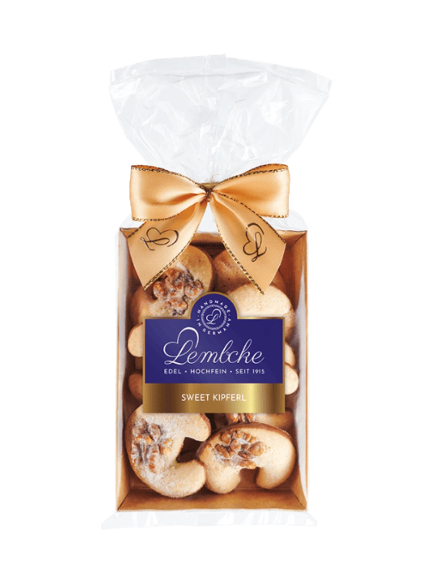 Sweet Kipferl Gebäck 100g von Lembcke – Nusskipferl mit Vollmilchschokoladen-Unterzug im Beutel mit goldener Schleife.