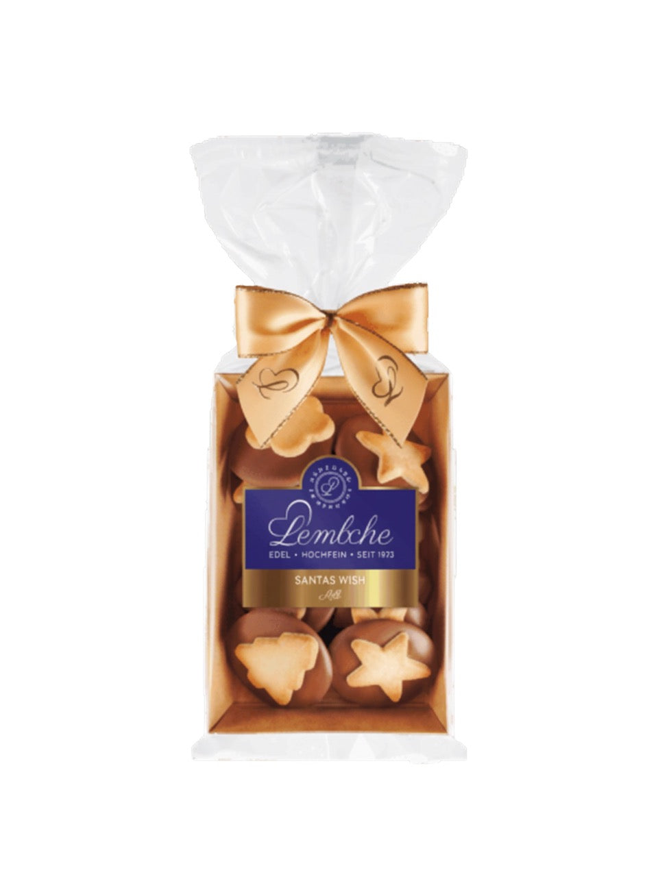 Lembcke Santa’s Wish Milk 100g Butter-Mürbegebäck mit Nüssen auf Vollmilchschokolade in festlicher Verpackung mit goldener Schleife