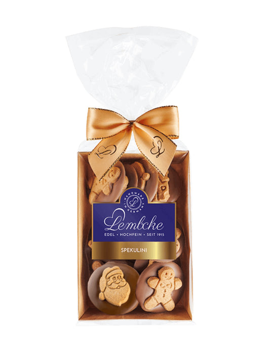 Lembcke Spekulini Vollmilch 100g – feiner Gewürzspekulatius auf Vollmilchschokolade in weihnachtlichen Motiven.