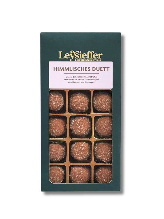 Leysieffer „Die Himmlischen“ Duett 180 g – feine Schokoladen-Trüffel mit zartschmelzender Füllung und knuspriger Zuckerkruste, frei von Palmfett und glutenfrei, erhältlich in der Dreyer Confiserie in der Rattenfängerstadt Hameln.