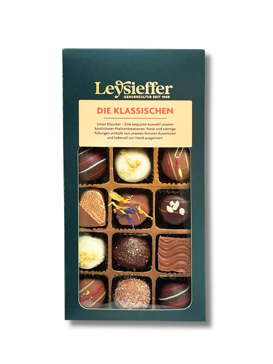 Leysieffer „Die Klassischen“ 225 g – erlesene Pralinenmischung aus feinster Schokolade mit nussigen und fruchtigen Füllungen, ohne Alkohol, erhältlich in der Dreyer Confiserie in der Rattenfängerstadt Hameln.
