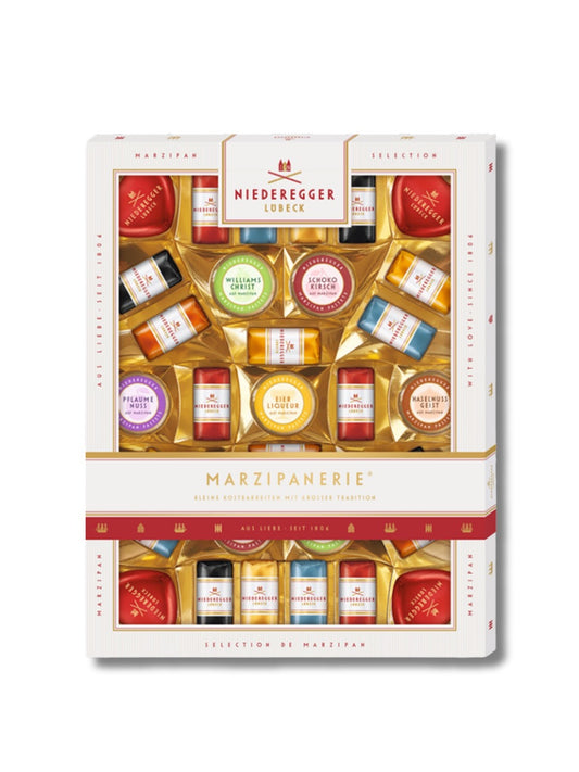 Niederegger Marzipanerie 398 g – große Geschenkbox mit 31 Marzipanspezialitäten, erhältlich bei Dreyer Confiserie Hameln.