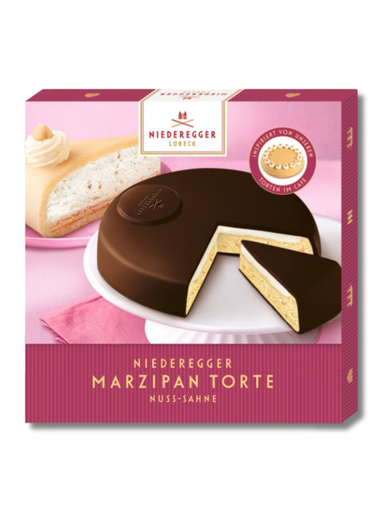 Niederegger Marzipan Torte Nuss-Sahne 185 g – feines Marzipan mit Haselnüssen und Sahne-Praliné-Füllung in Zartbitterschokolade, erhältlich bei Dreyer Confiserie Hameln.