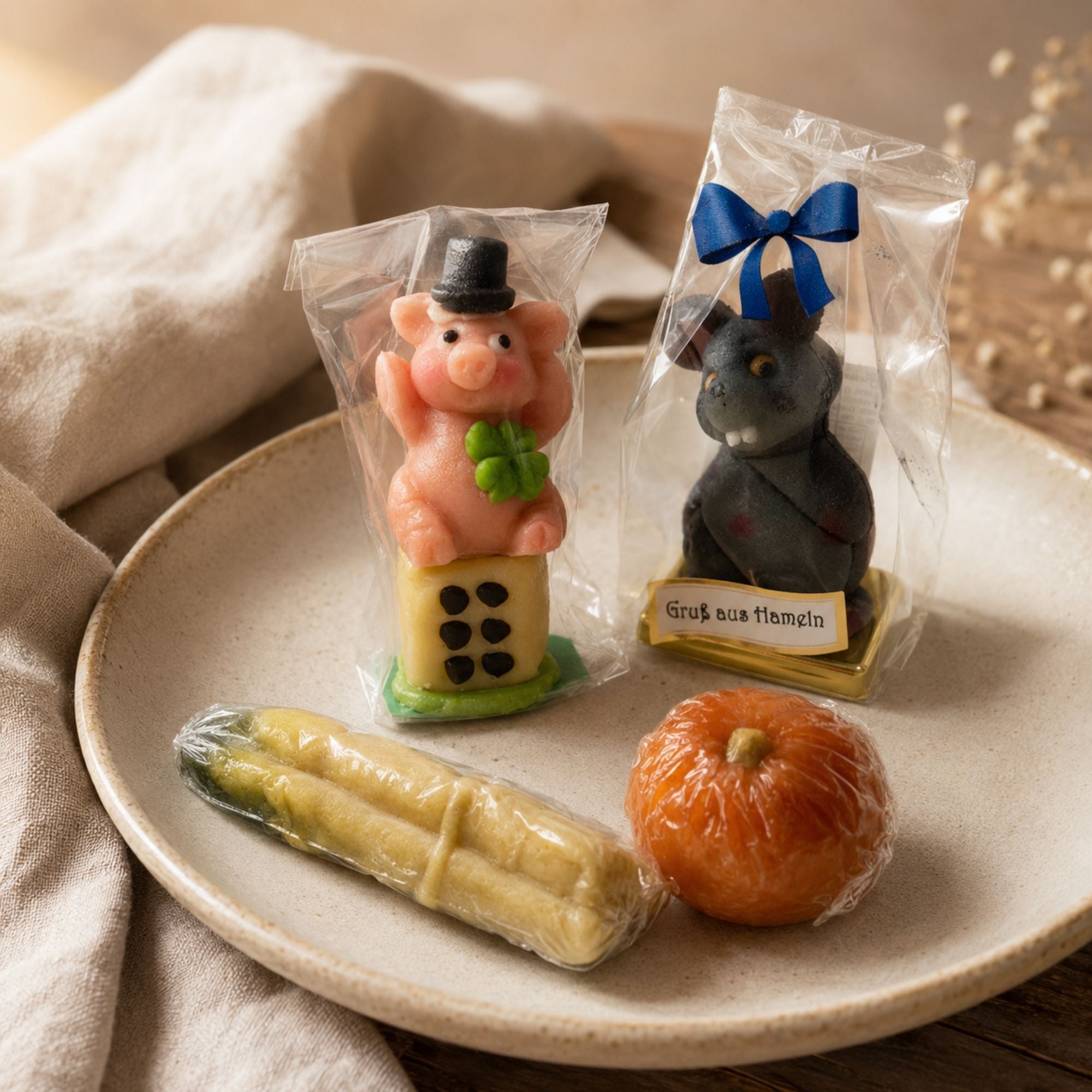 Marzipanratte und kleine Marzipanfiguren als Hamelner Mitbringsel