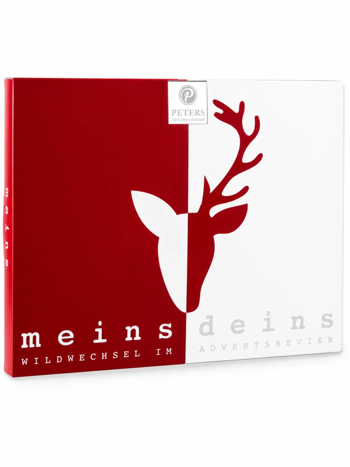 Meins & Deins Adventskalender 290g von PETERS Pralinen mit 48 Pralinen, rot-weißem Design, Hirschmotiv und Schriftzug „Wildwechsel im Adventsrevier“