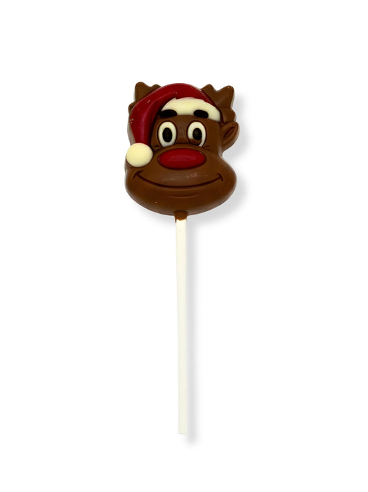Meynendonckx Chocolatier Weihnachts Lolli Elch 30 g, handgefertigter Schokoladenlutscher aus Vollmilchschokolade mit bunter Dekoration, erhältlich in der Dreyer Confiserie in der Rattenfängerstadt Hameln.