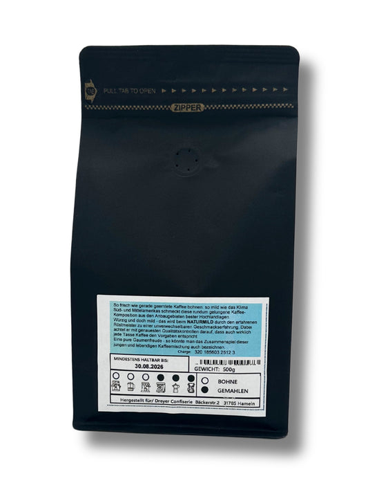 Rueckseite Etikett Naturmild Kaffee gemahlen 500g Dreyer Confiserie