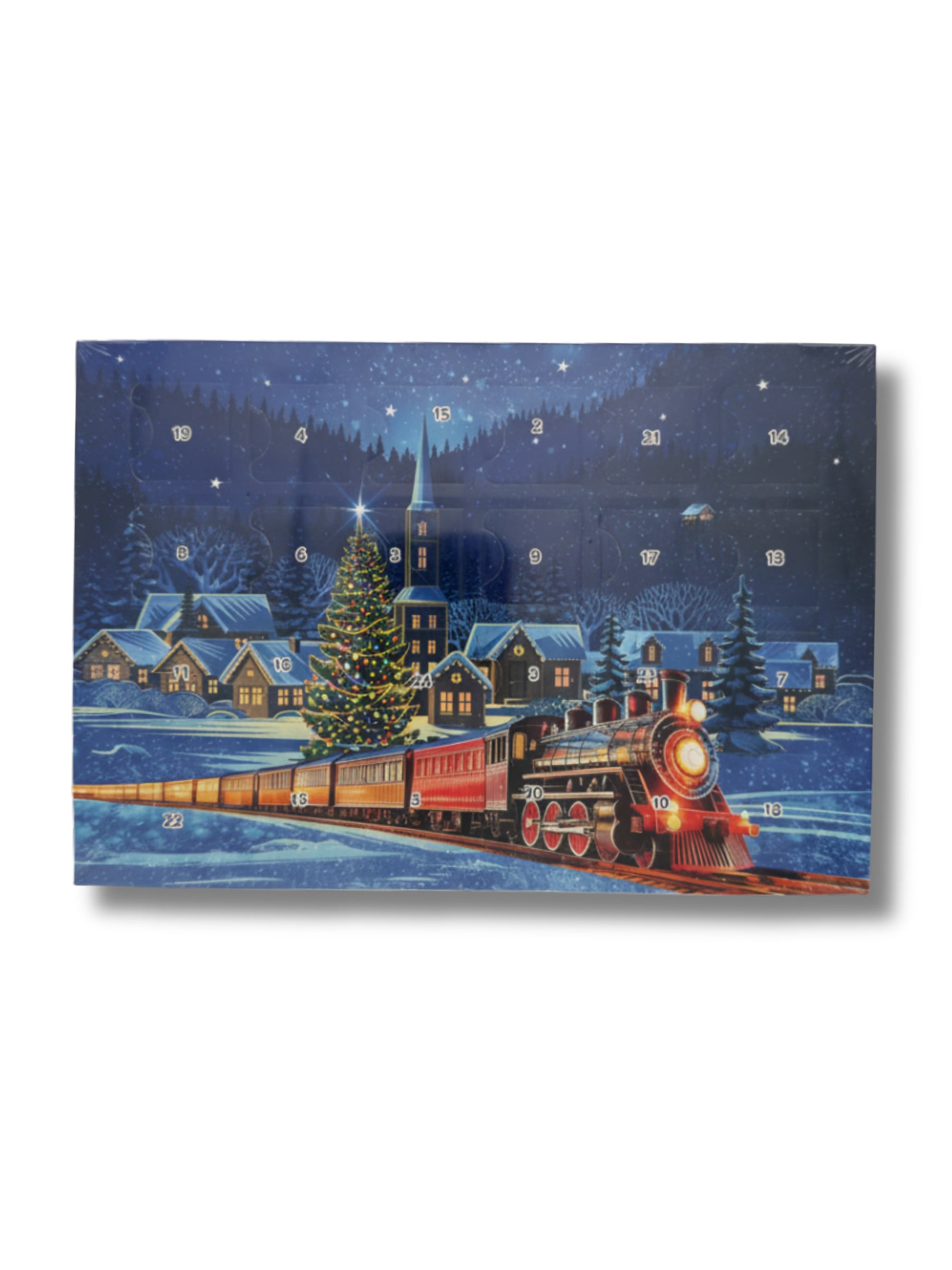 Mini Adventskalender A5 Express 40 g – eleganter Adventskalender mit zarter Milchschokolade in winterlichem Design, erhältlich in der Dreyer Confiserie in der Rattenfängerstadt Hameln.