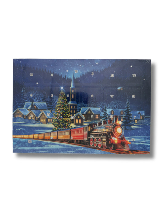 Mini Adventskalender A5 Express 40 g – eleganter Adventskalender mit zarter Milchschokolade in winterlichem Design, erhältlich in der Dreyer Confiserie in der Rattenfängerstadt Hameln.