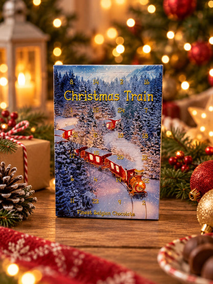 Mini-Adventskalender Christmas Train mit Milchschokolade in festlicher Weihnachtsdekoration