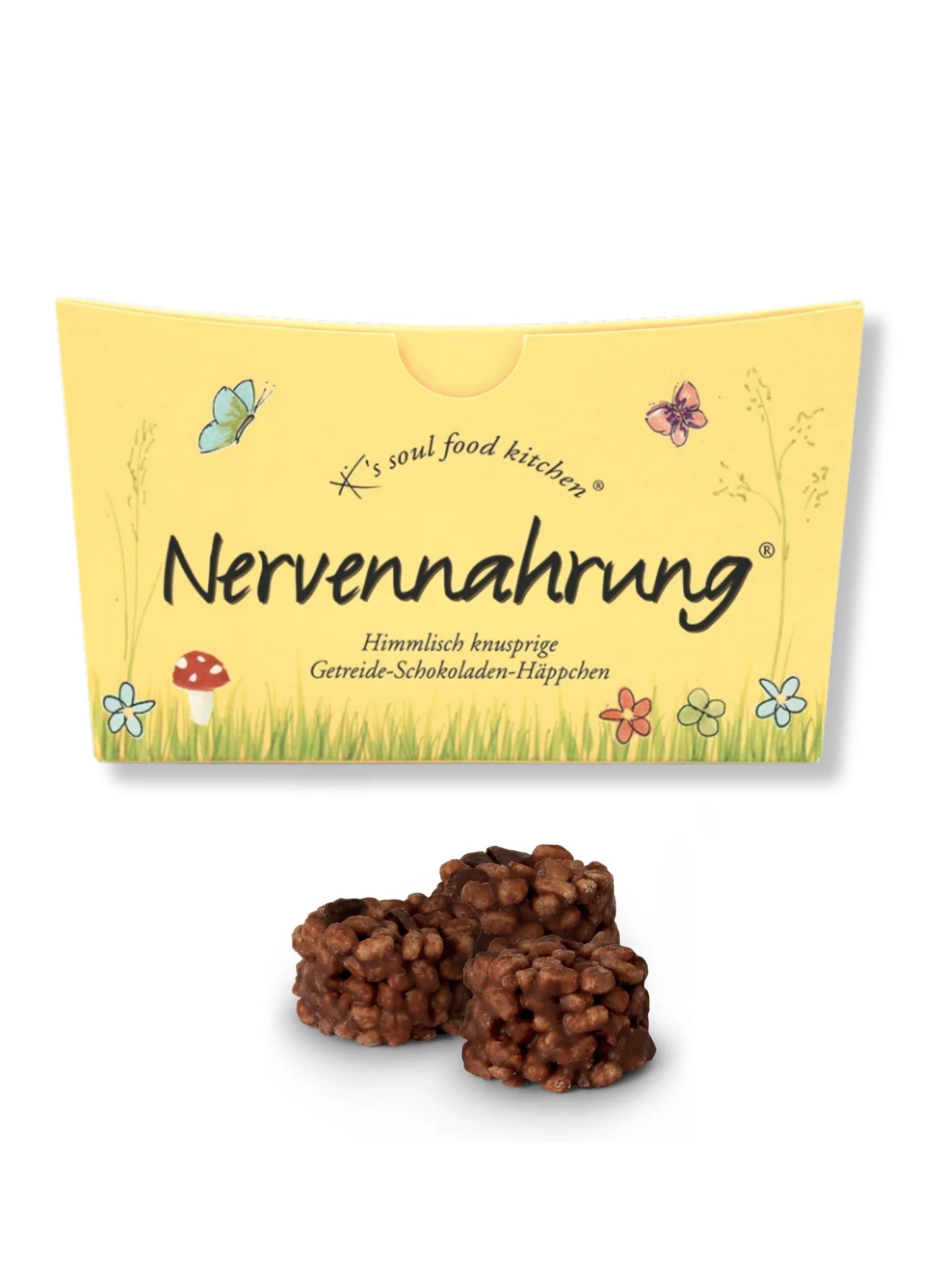 Nervennahrung Getreide-Schokoladen-Häppchen von K’s Soul Food Kitchen – knusprige Cerealien in Vollmilchschokolade mit Haselnusskrokant, 125 g, erhältlich bei der Confiserie Dreyer in Hameln.