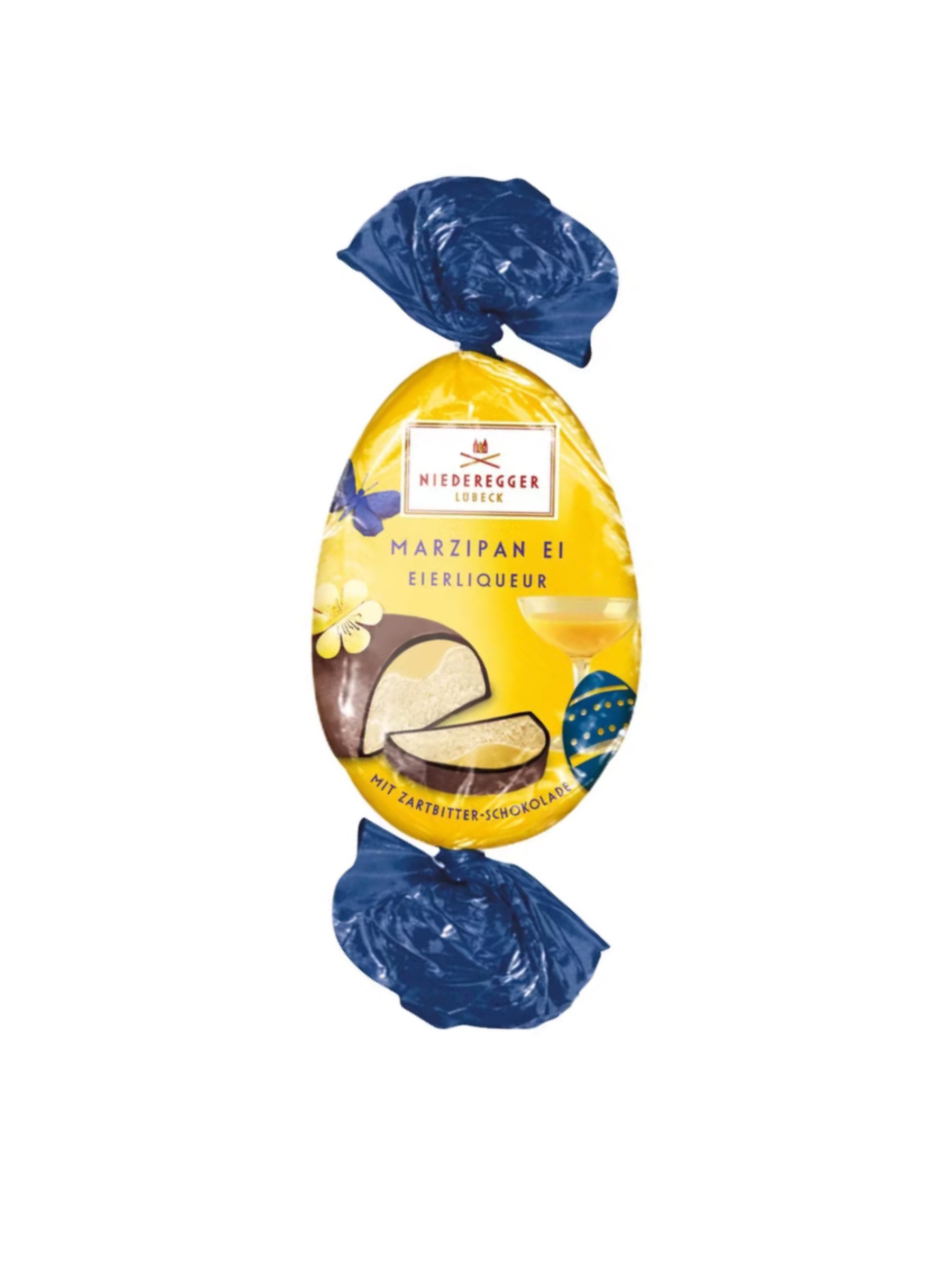 Niederegger Marzipan-Ei Eierlikör 48g mit Marzipanfüllung und feiner Eierlikörnote, umhüllt von Zartbitter- und weißer Schokolade, Oster-Spezialität, erhältlich in der Dreyer Confiserie in der Rattenfängerstadt Hameln.