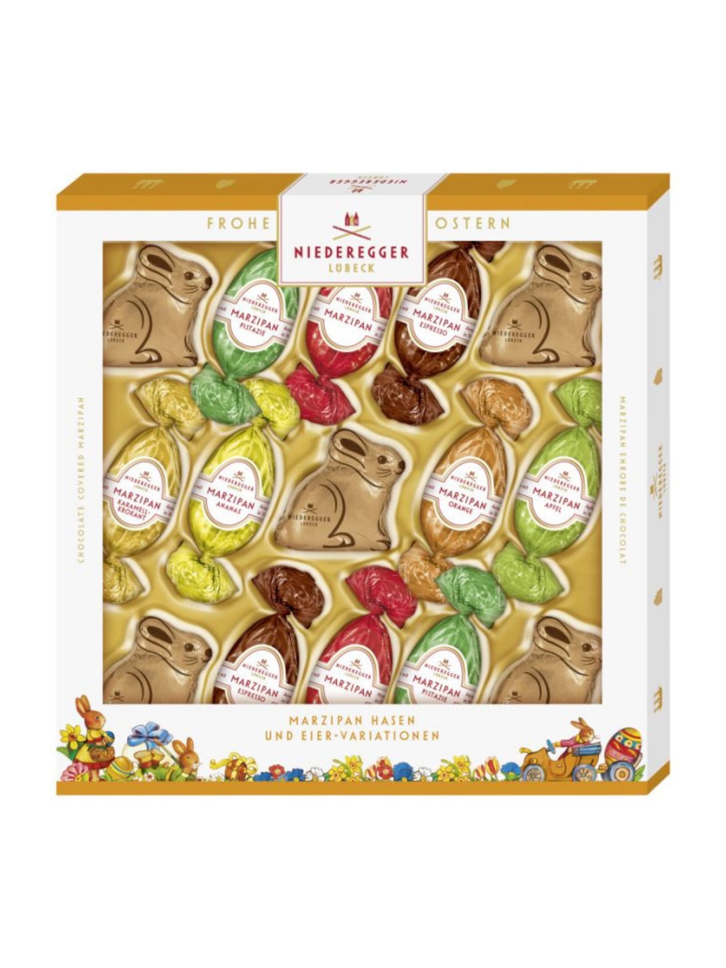 Niederegger Marzipan Eier Variationen und Hasen 187g, 8-fach sortierte Osterspezialität aus Marzipan mit Zartbitter- und Vollmilch-Schokolade, erhältlich in der Dreyer Confiserie in der Rattenfängerstadt Hameln.