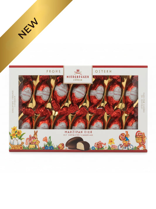 Niederegger Marzipan-Eier Zartbitter 175 g mit feinem Marzipan und kräftiger Zartbitterschokolade. Klassischer Ostergenuss aus Lübeck erhältlich in der Dreyer Confiserie aus der Rattenfängerstadt Hameln. 
