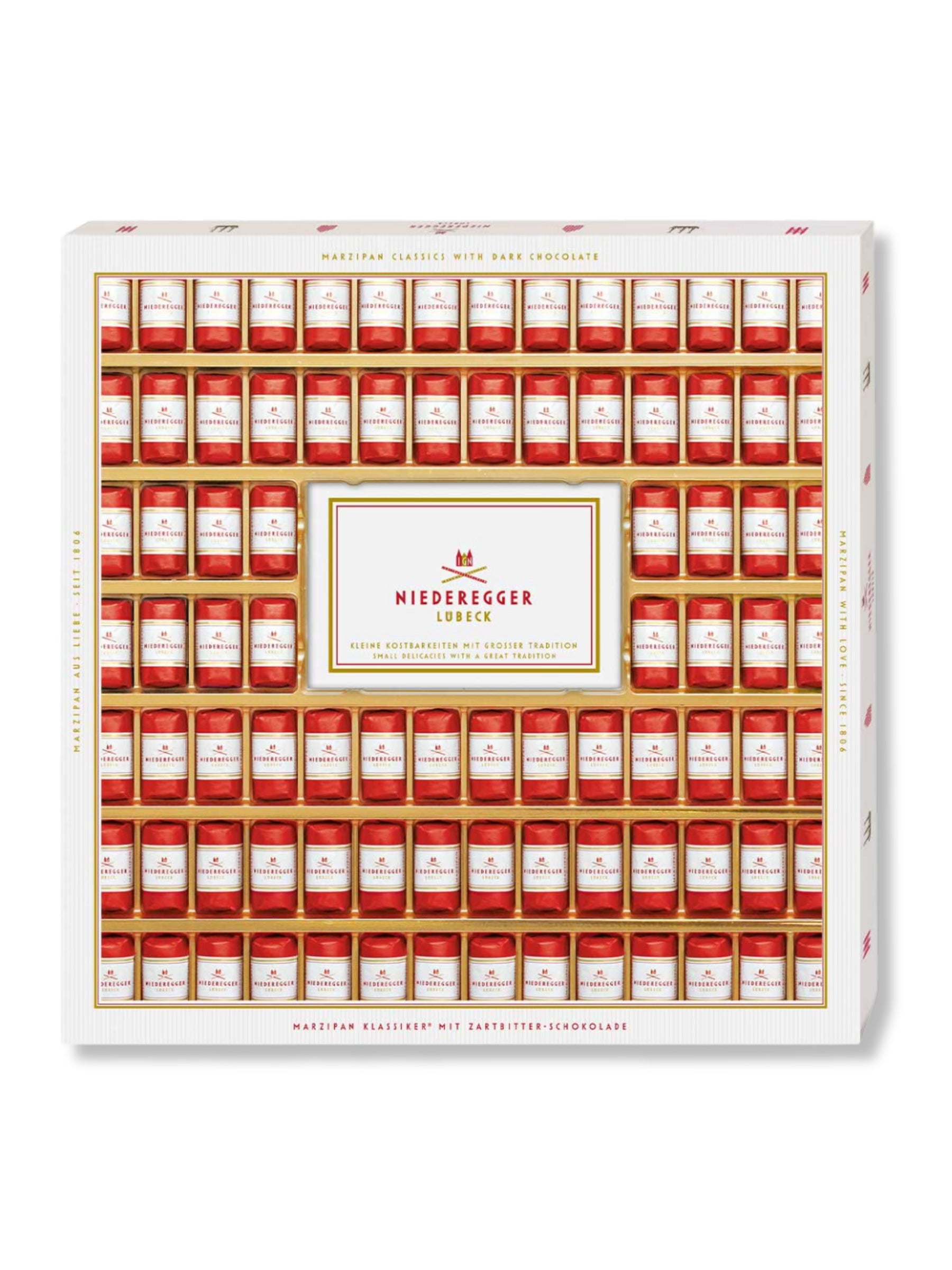 Niederegger Marzipan Klassiker 1,075kg – große Auswahl aus 86 einzeln verpackten Marzipanpralinen in Zartbitterschokolade, erhältlich in der Dreyer Confiserie in der Rattenfängerstadt Hameln.