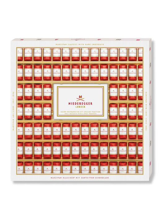 Niederegger Marzipan Klassiker 1,075kg – große Auswahl aus 86 einzeln verpackten Marzipanpralinen in Zartbitterschokolade, erhältlich in der Dreyer Confiserie in der Rattenfängerstadt Hameln.