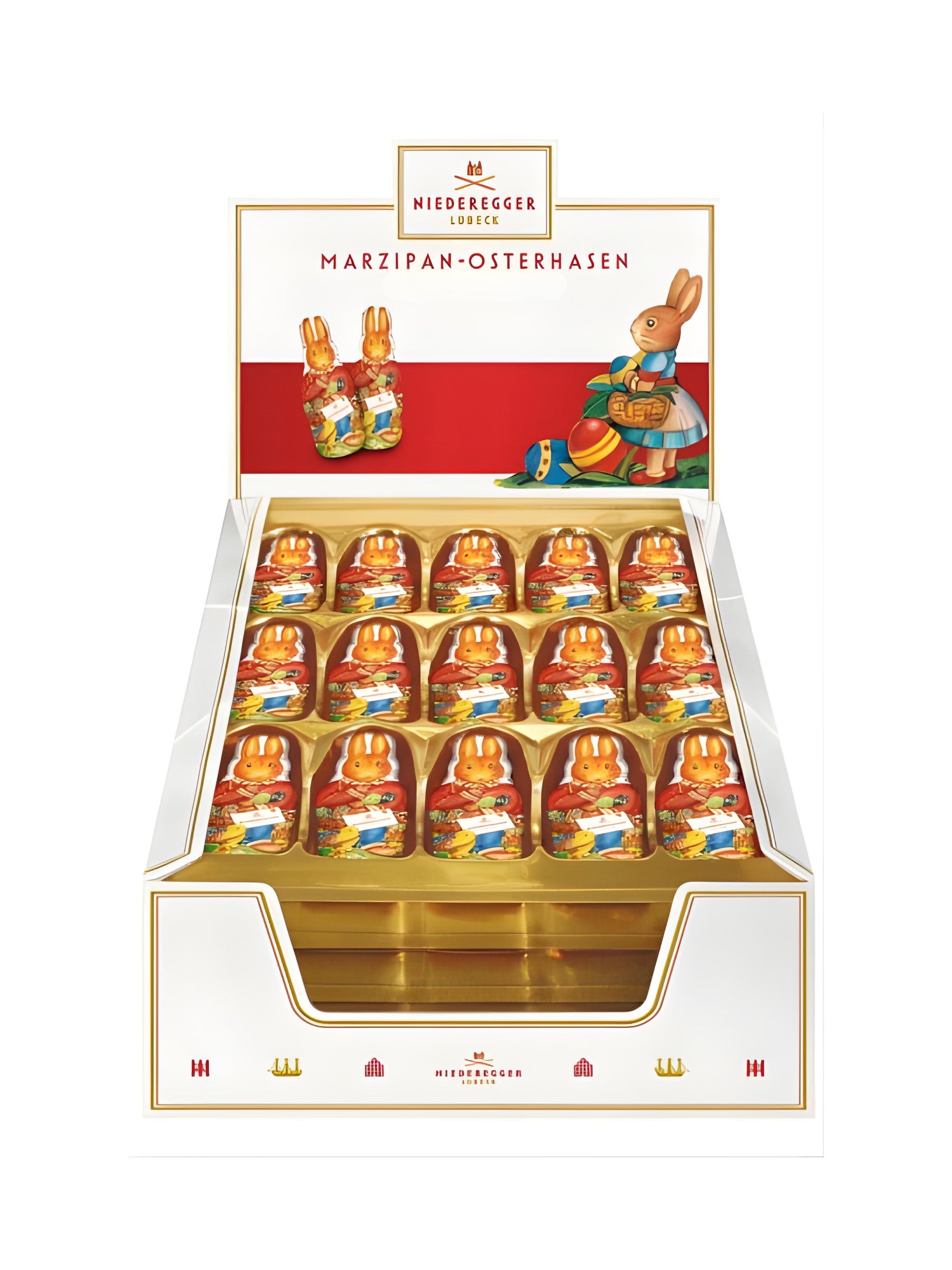 Niederegger Marzipan Osterhase 12,5g aus Marzipan mit Zartbitter-Schokolade, klassischer Osterartikel; Produktfoto zeigt eine Großpackung, Angebot gilt für 1 Stück, erhältlich in der Dreyer Confiserie in der Rattenfängerstadt Hameln.