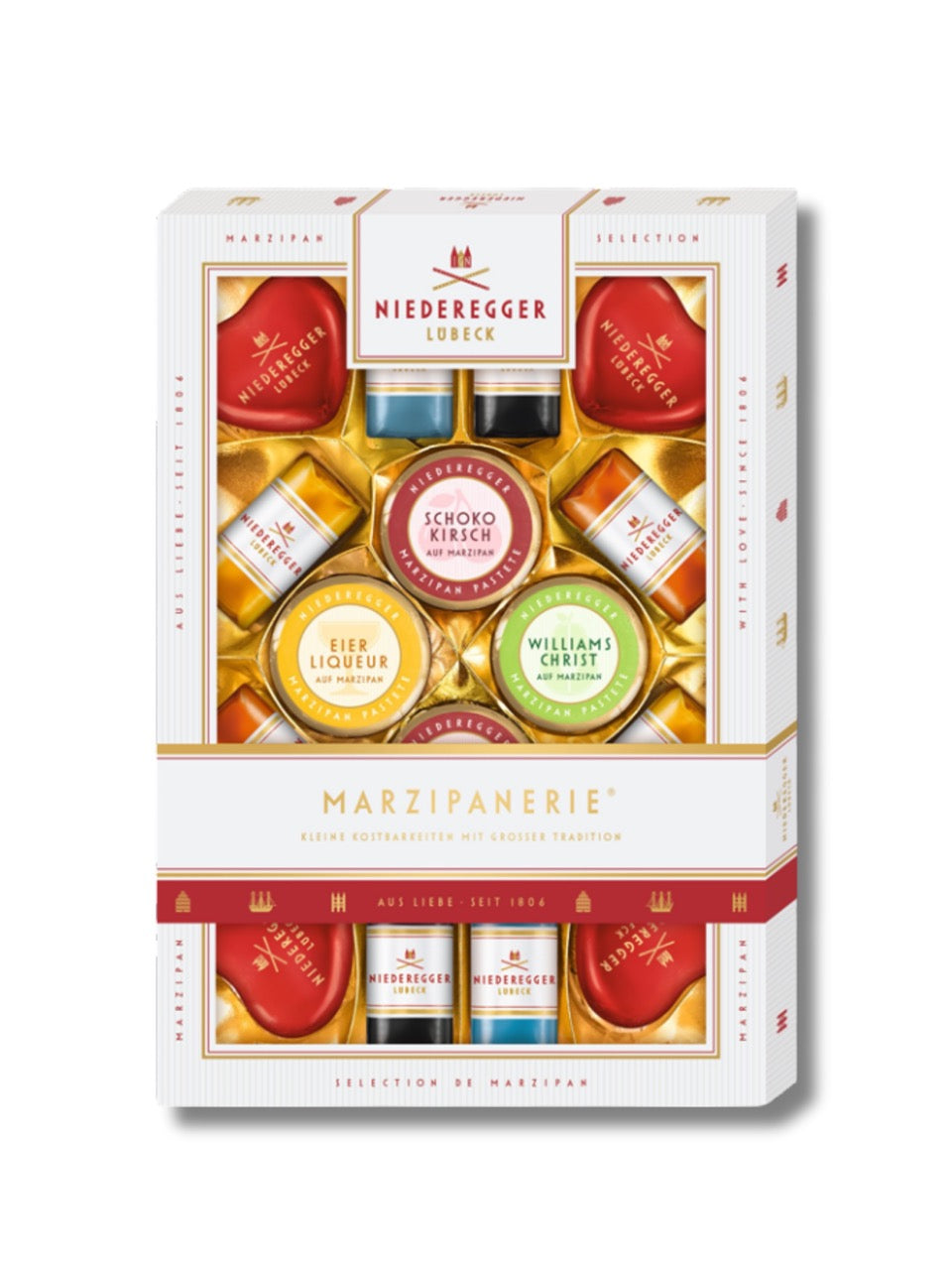 Niederegger Marzipanerie 206 g – edle Geschenkbox mit 16 Marzipanpralinen und Klassikern, erhältlich bei Dreyer Confiserie Hameln.
