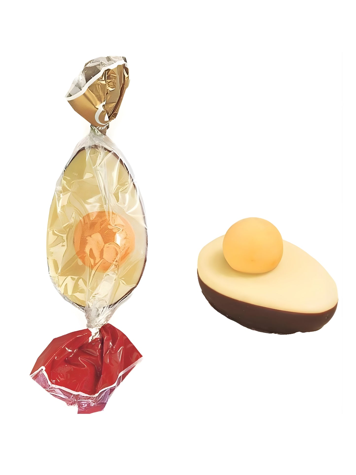 Niederegger Nuss Dotter Ei 25g aus weißer und Zartbitter-Schokolade mit Marzipanfüllung und Haselnuss, Oster-Süßigkeit, erhältlich in der Dreyer Confiserie in der Rattenfängerstadt Hameln.