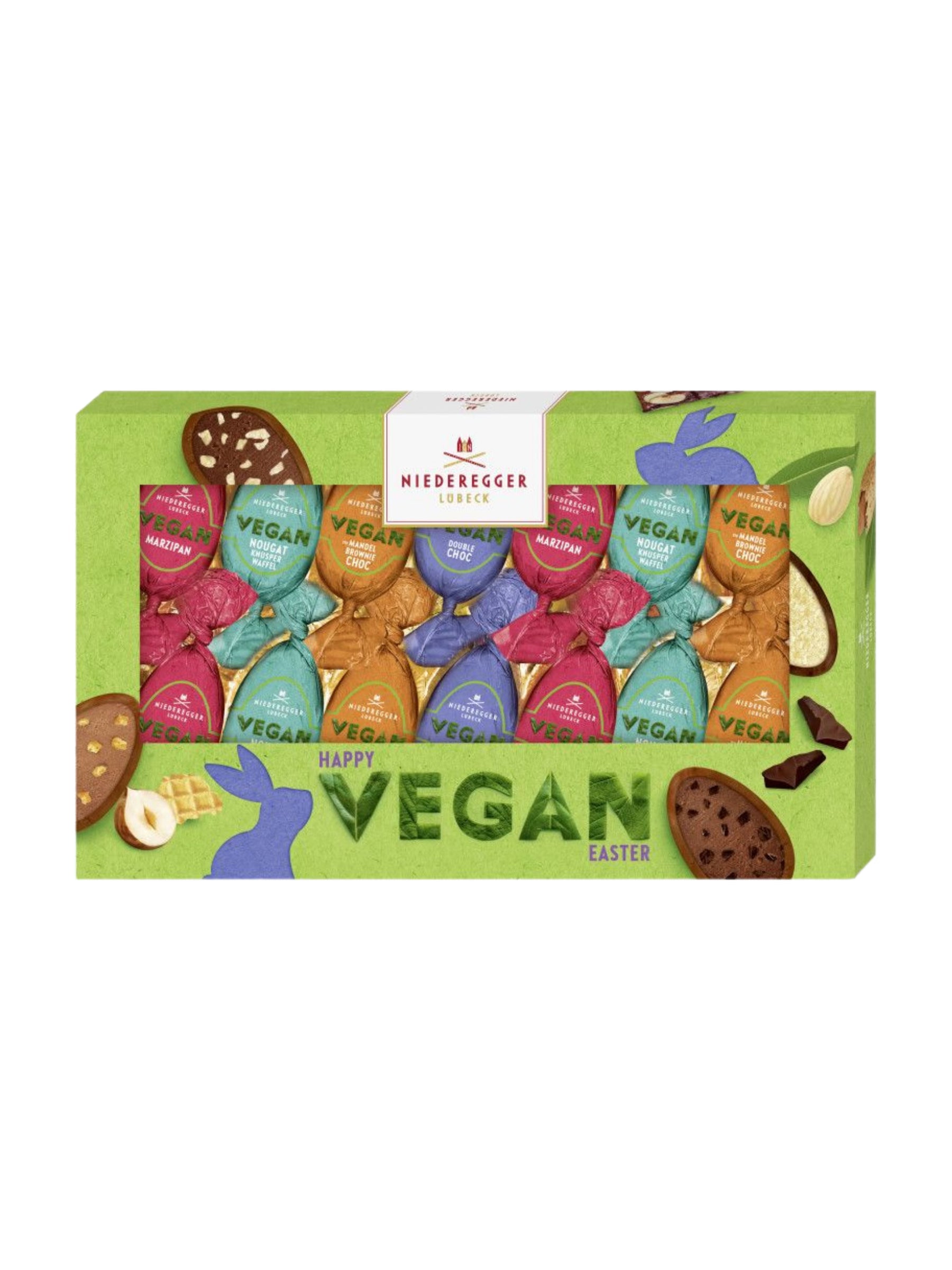 Niederegger Ostereier-Mix VEGAN 175g mit veganen Ostereiern aus Kakaoerzeugnissen, Marzipan und Zartbitter-Schokolade, alkoholhaltige vegane Oster-Spezialität, erhältlich in der Dreyer Confiserie in der Rattenfängerstadt Hameln.