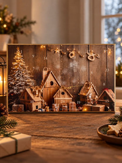 Adventskalender Winterdorf alkoholfrei 150g von Wagner Pralinen in weihnachtlich geschmücktem Wohnzimmer