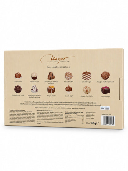 Rückseite des Nougat Adventskalenders Winterdorf alkoholfrei 150g von Wagner Pralinen mit zwölf Nougatsorten, Zutaten, Allergenen und Nährwertangaben
