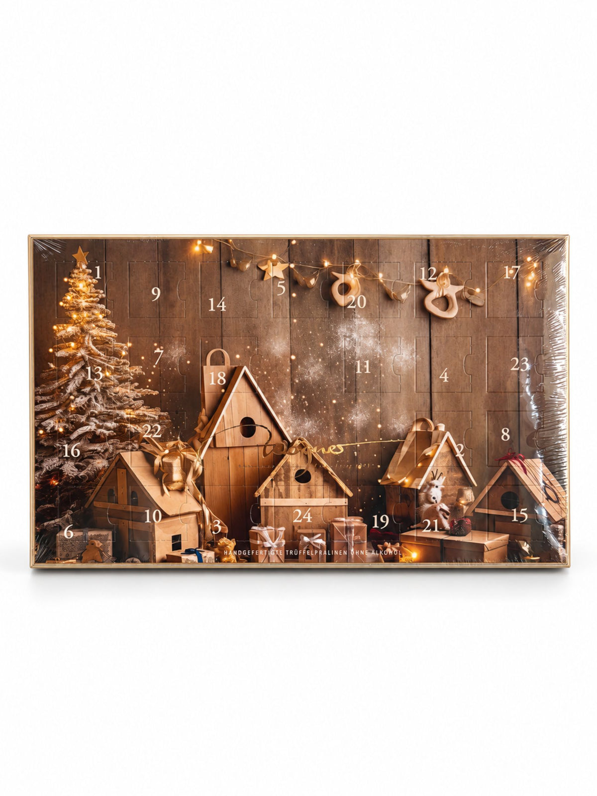 Nougat Adventskalender Winterdorf alkoholfrei 150g von Wagner Pralinen mit 24 Türchen, beleuchtetem Weihnachtsbaum, dekorativen Holzhäusern und warmen Weihnachtslichtern