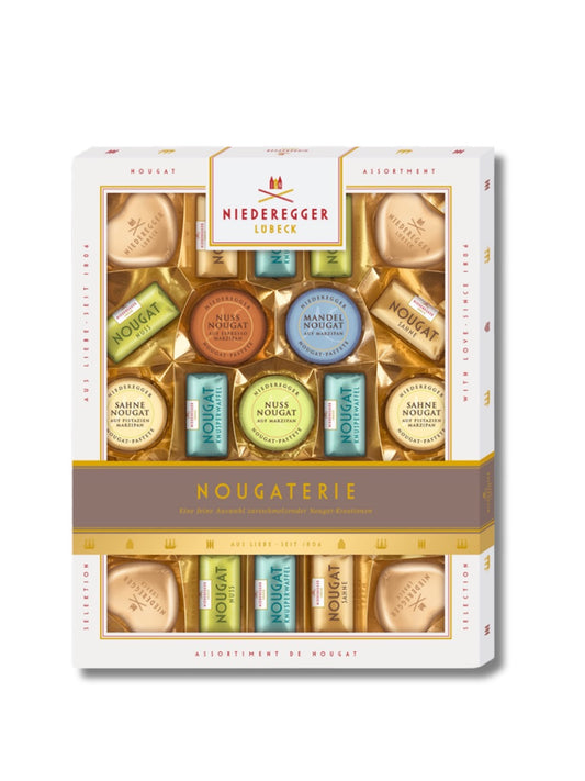 Niederegger Nougaterie 298 g – Auswahl edler Nougat-Pralinen mit Schokolade und Marzipan, erhältlich bei Dreyer Confiserie Hameln.