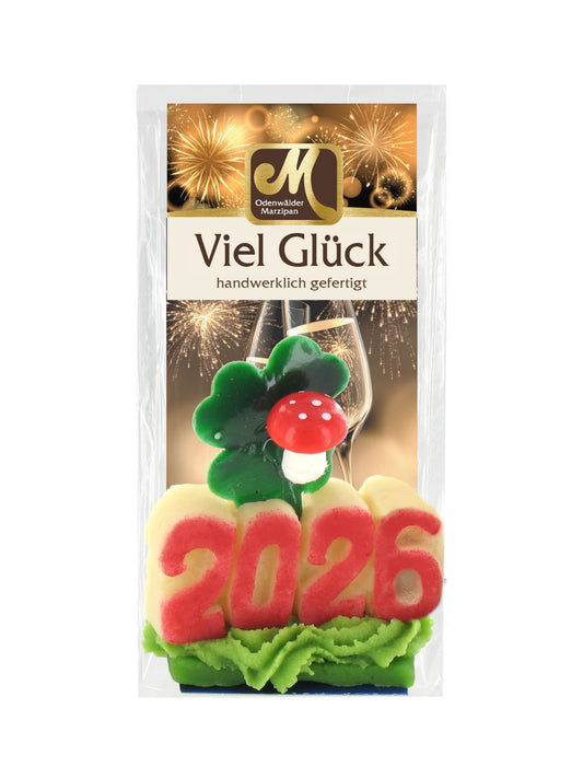 Odenwälder Marzipan Jahreszahl 2026 „Viel Glück“ 30g: Farbenfroher Marzipan-Glücksbringer zum Jahreswechsel und Silvester, erhältlich in der Dreyer Confiserie in der Rattenfängerstadt Hameln.