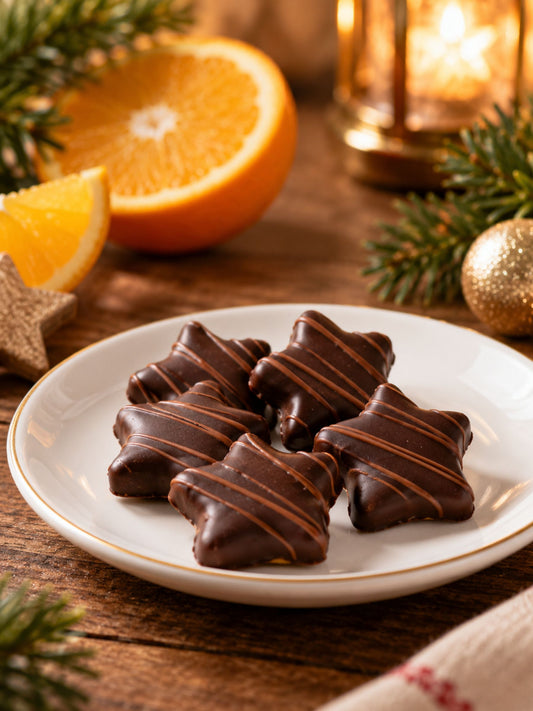 Orangenlikör-Sterne mit Bitterschokolade von Dreyer Confiserie in festlicher Weihnachtsdekoration